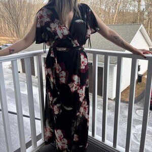Luxology Floral Wrap Maxi Dress – Size 12 – Black Red White – NWT
